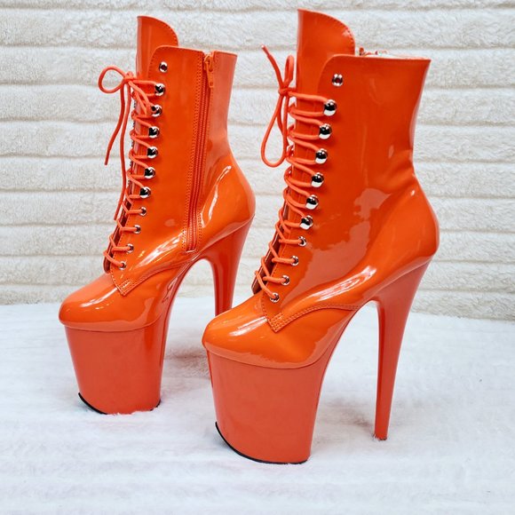 Flamingo Bright Orange Patent Towering 8" High Heel Platform Ankle Boots - Picture 5 of 11